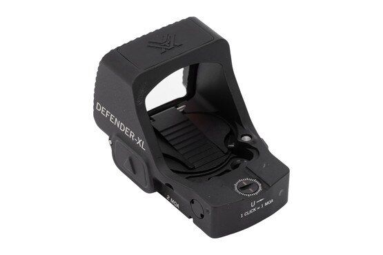 Red dot pistol optic with large viewing window.